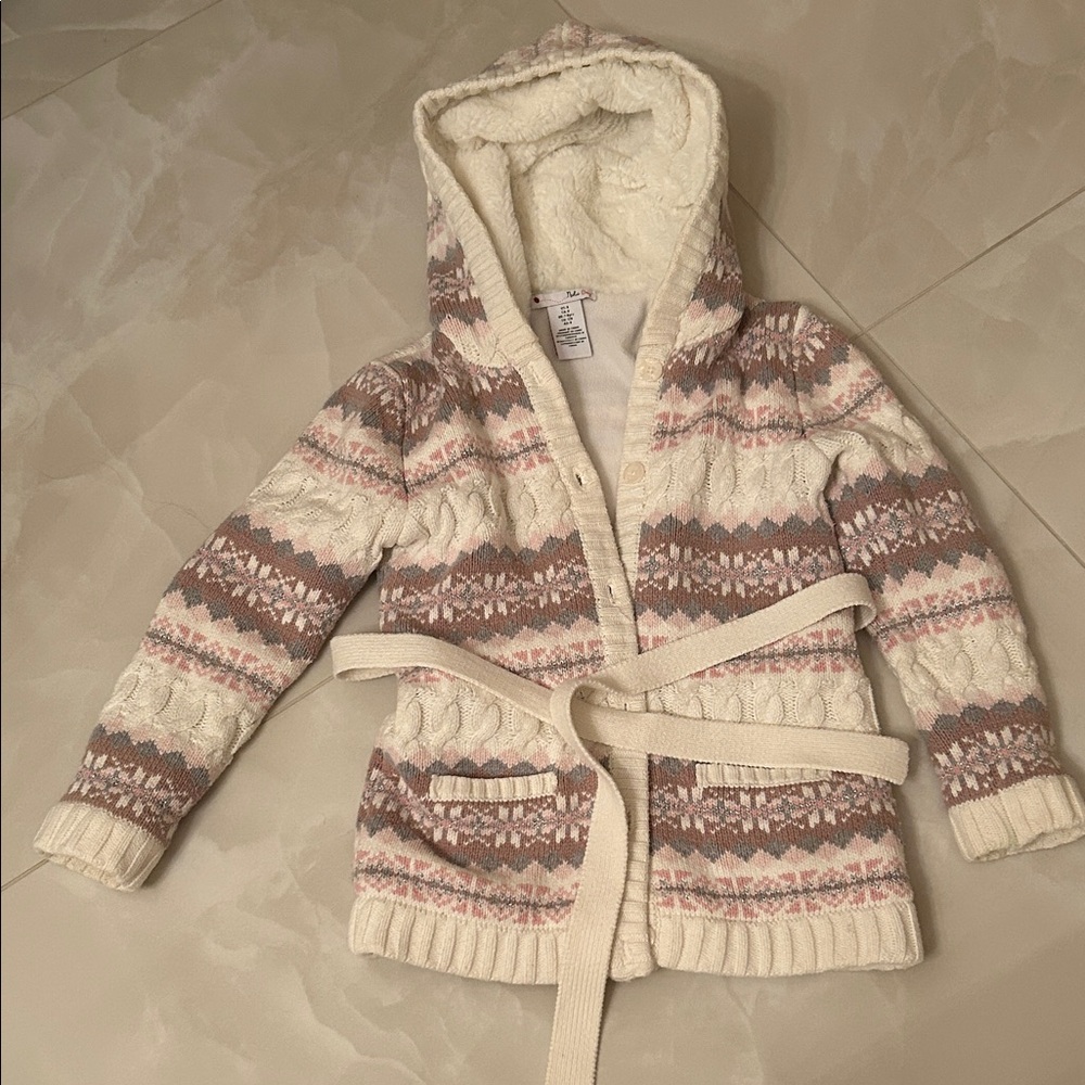 Sherpa-Lined Hooded Knit Cardigan Jacket - Cream & Pink